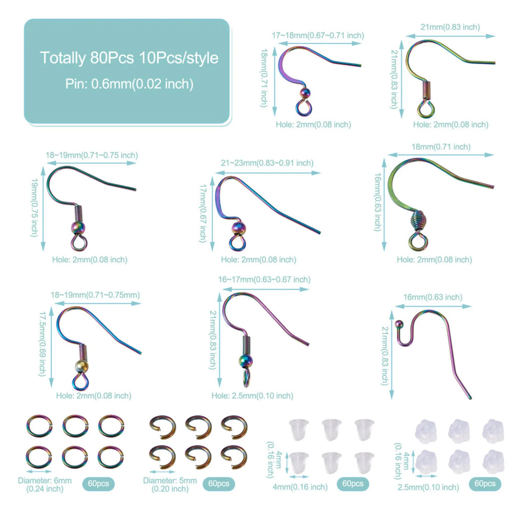 80Pcs Colorful Stainless Steel Earring Hooks with Jump Rings