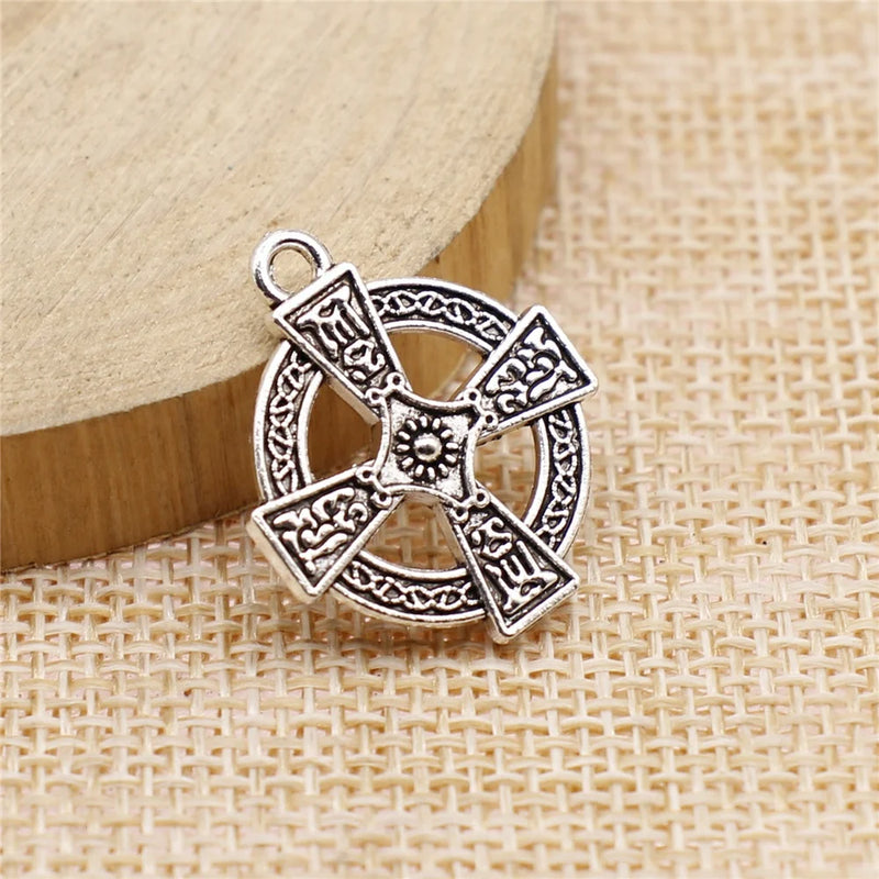 80pcs Antique Silver Round Cross Pendant for Jewelry Making