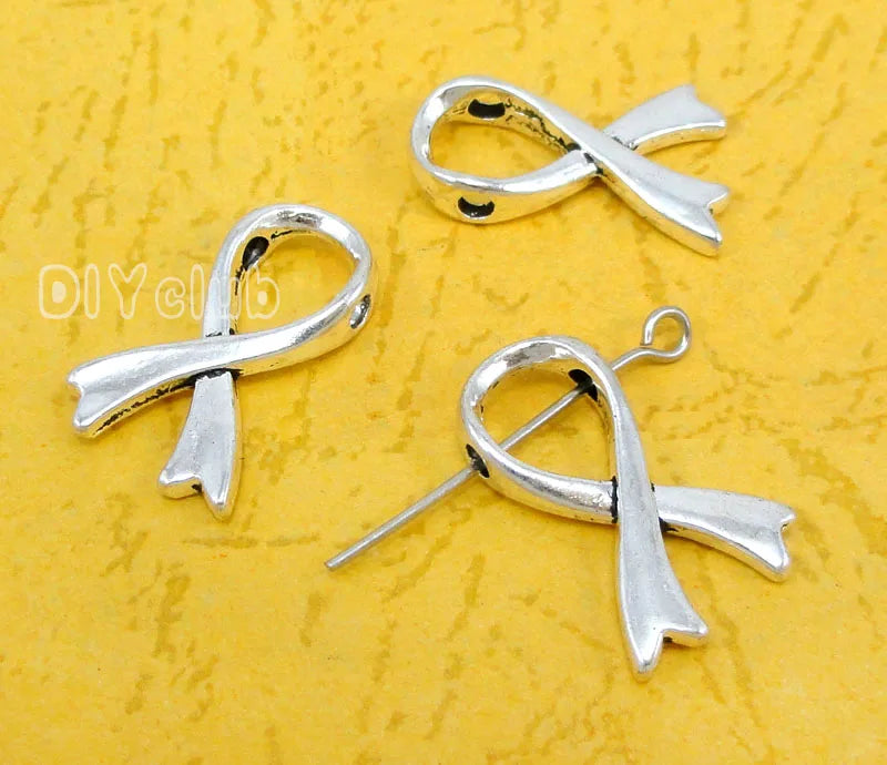 80pcs Tibetan Silver Breast Cancer Ribbon Bead Charms 20x13mm
