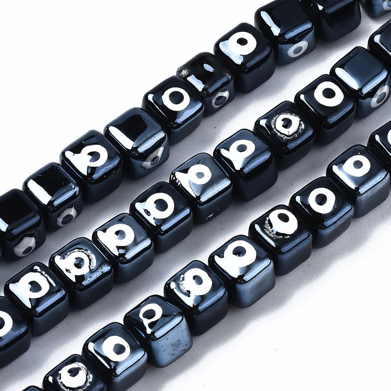 80pc Glazed Porcelain Cube Beads with Evil Eye for Jewelry Making