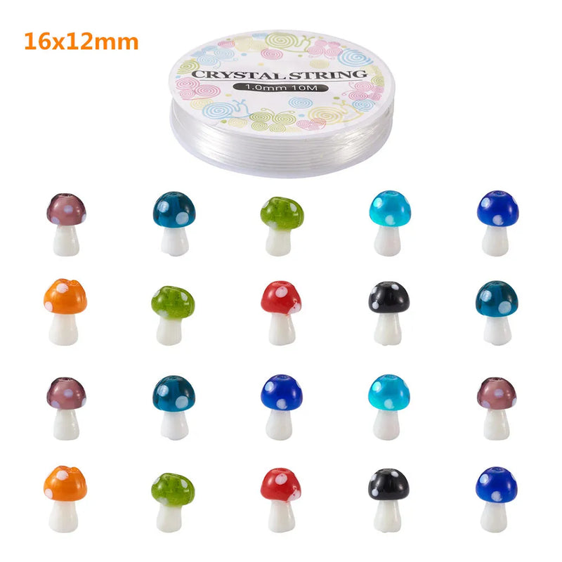 80 Lampwork Glass Mushroom Beads with Elastic Crystal Thread