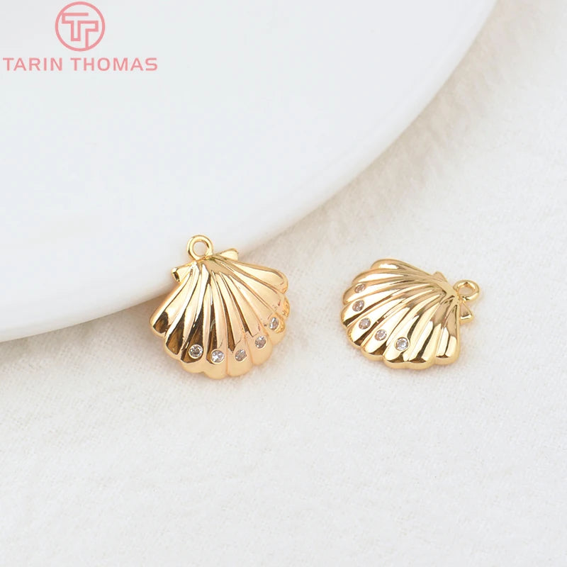 6PCS 14x15MM 24K Brass Zircon Shell Charms Pendants DIY Jewelry Findings