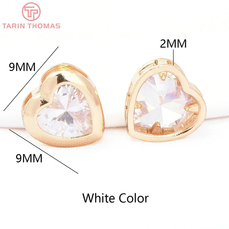 6PCS 9MM 24K Brass Zircon Heart Shaped Pendants High Jewelry Findings