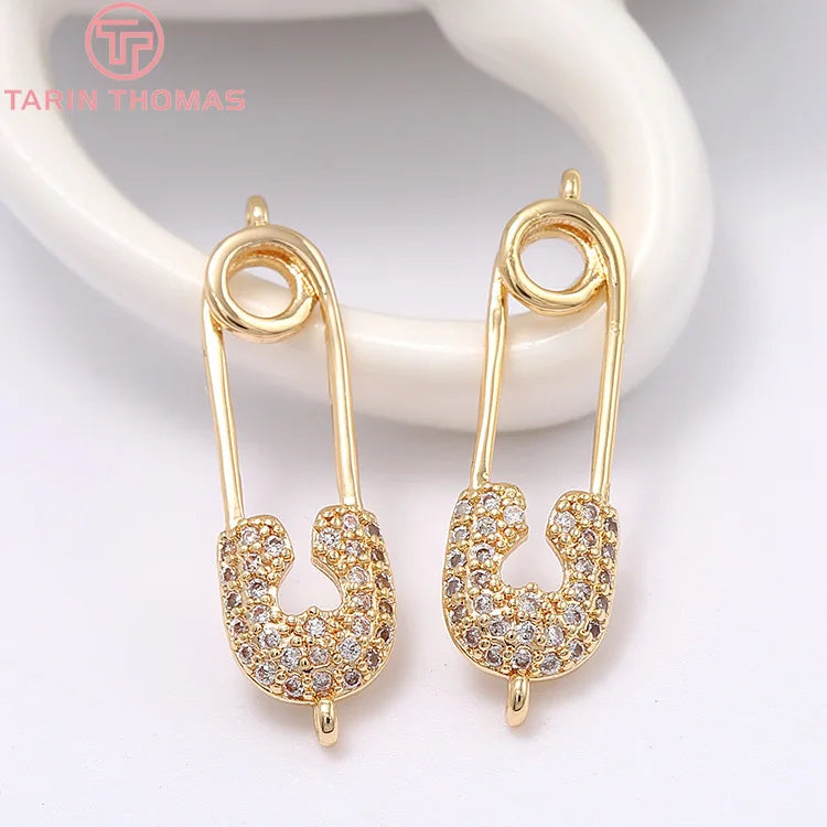 2PCS 7x22MM Hole 1MM 24K Brass Zircon Brooch Pendants Charms