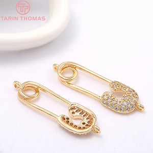 2PCS 7x22MM Hole 1MM 24K Brass Zircon Brooch Pendants Charms