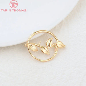 10PCS 24K Plated Brass Round with Leaves Pendants Charms