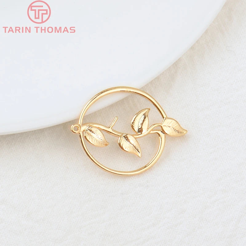 10PCS 24K Plated Brass Round with Leaves Pendants Charms