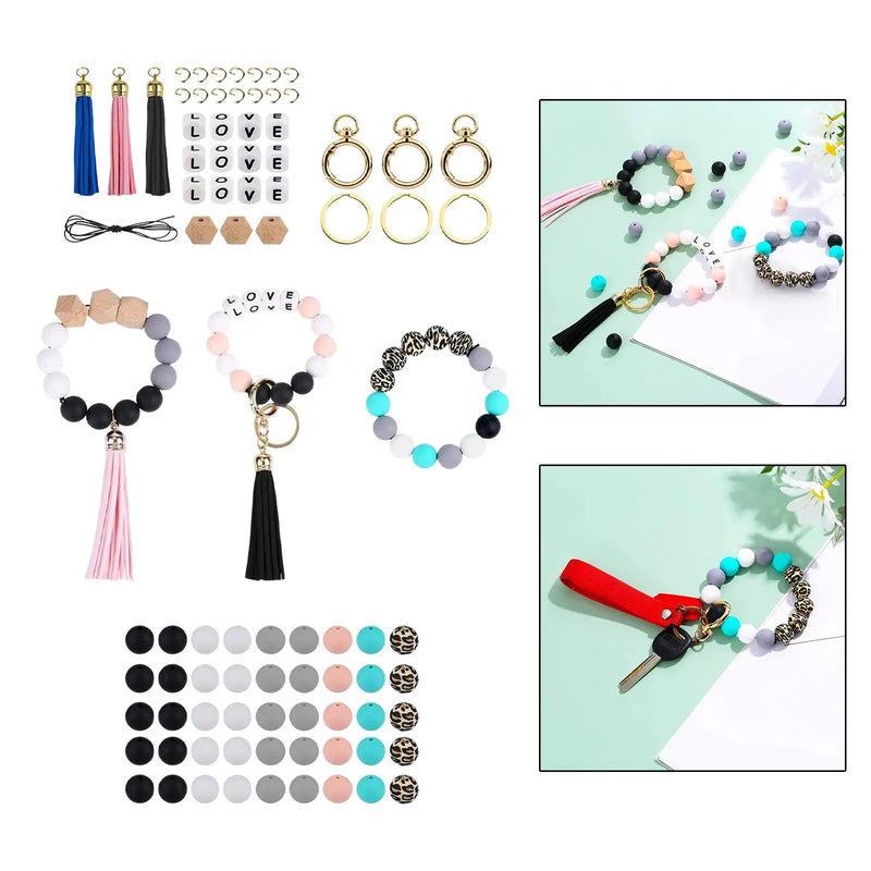 Beaded Making Kit DIY Key Rings Letter Beaded Open Rings Tassel PU Leather