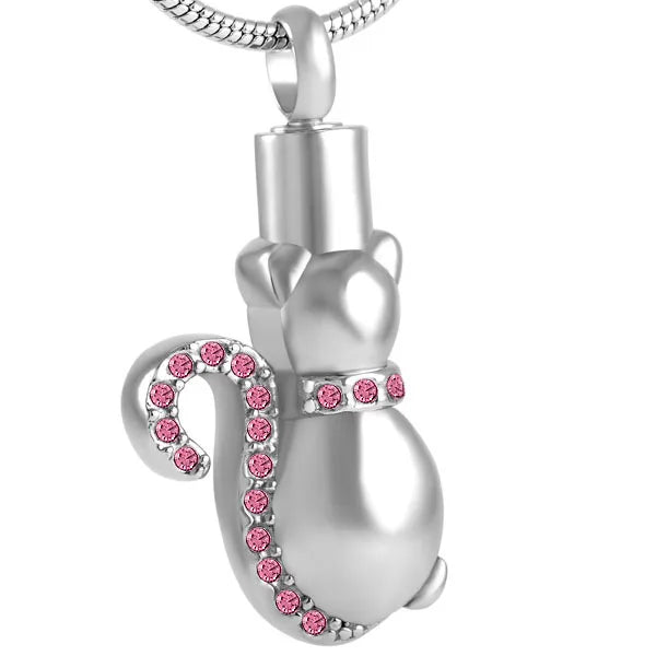 Crystal Cat Cremation Pendant Necklace-Ashes Urn Jewelry