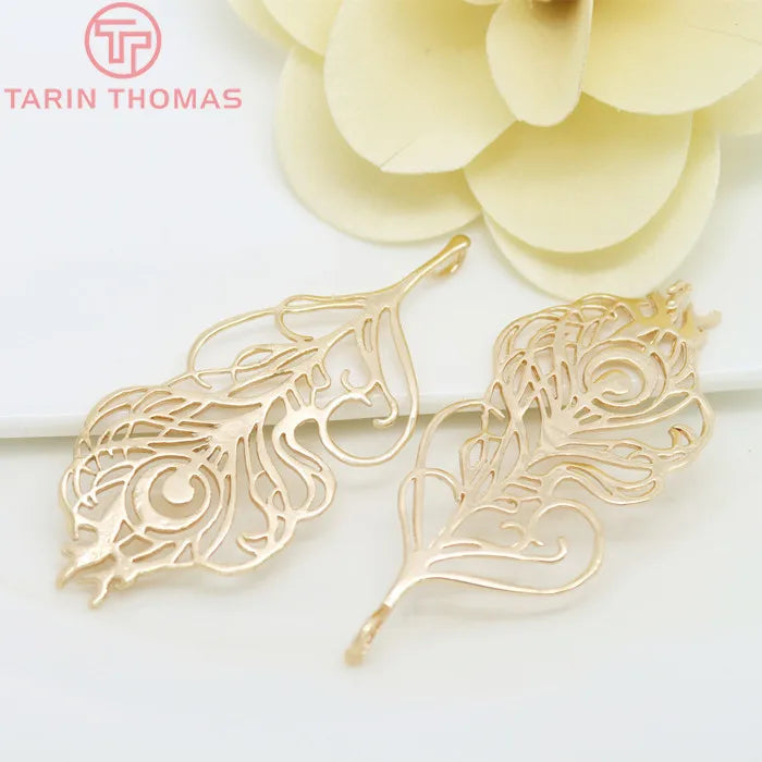2PCS 64*28MM Champagne Brass Peacock Feather Pendants DIY Jewelry Findings