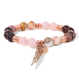 8MM Beaded Charm Bracelet Pink Quartzs Lapis Lazuli Chalcedony Wings Pendant