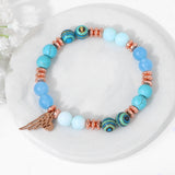 8MM Beaded Charm Bracelet Pink Quartzs Lapis Lazuli Chalcedony Wings Pendant