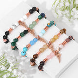 8MM Beaded Charm Bracelet Pink Quartzs Lapis Lazuli Chalcedony Wings Pendant