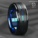 8MM Tungsten Ring Blue Stripe Mens Wedding Band
