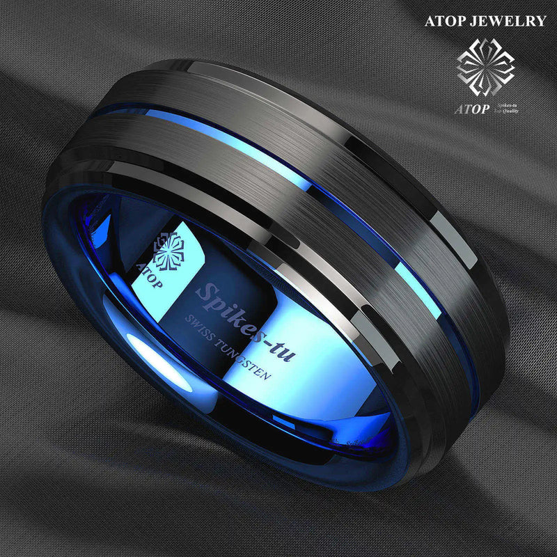 8MM Tungsten Ring Blue Stripe Mens Wedding Band