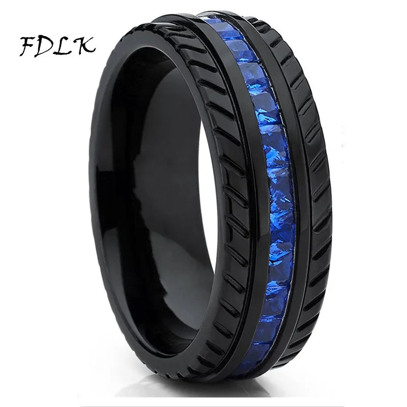 8MM Gear Ring Stainless Steel Wedding Band Inlay Zircon Carbon Fiber Size 6-13