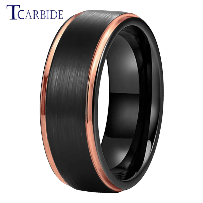 8MM Rose Tungsten Wedding Ring Stepped Brushed Finish