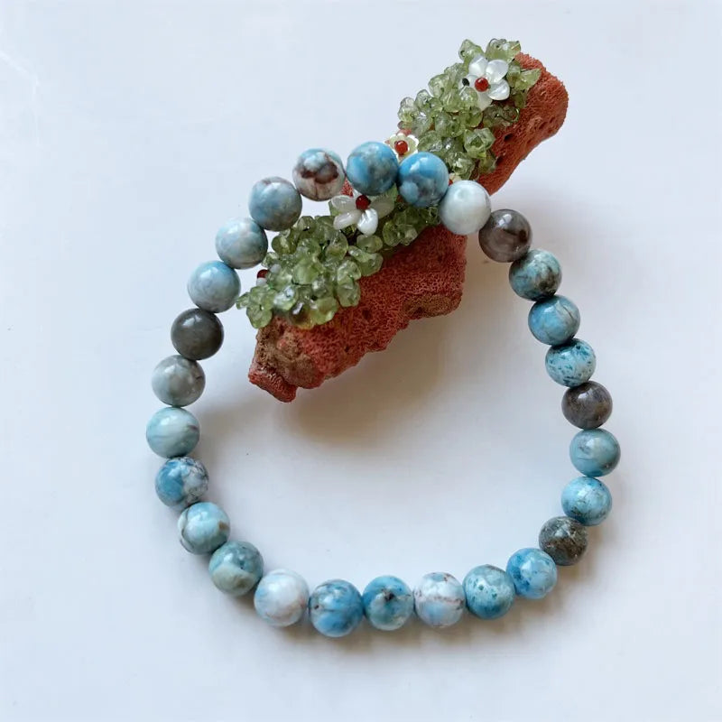 8MM Dominican Larimar Natural Stone Bracelet Elastic Cord Jewelry