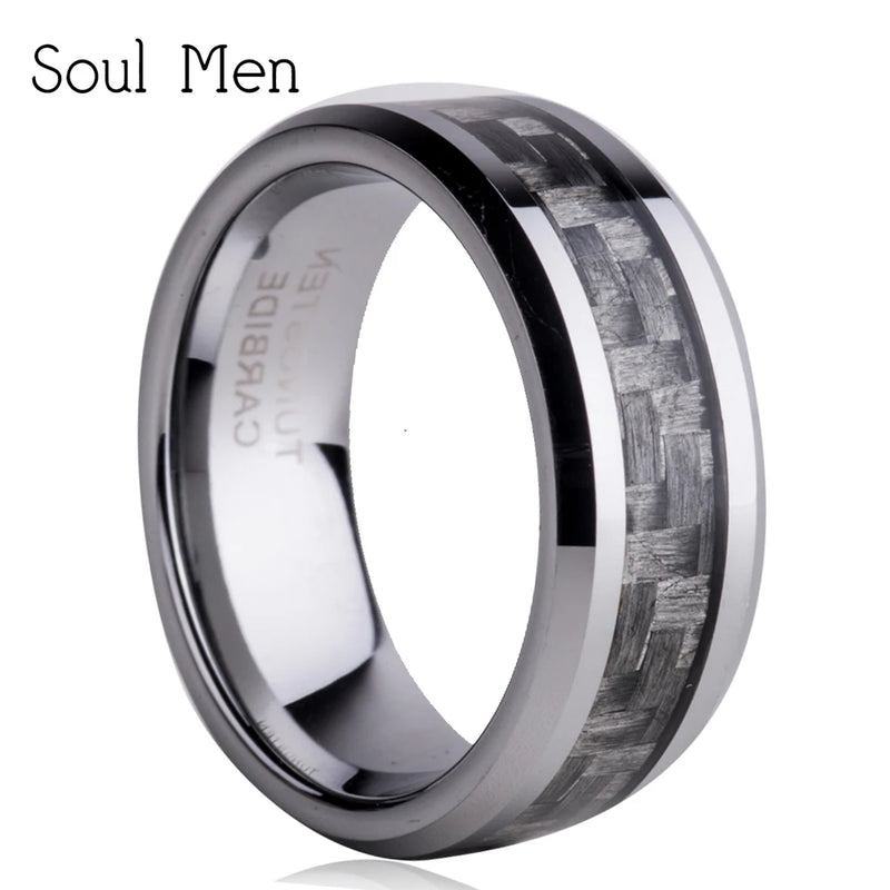 8MM Grey Carbon Fiber Tungsten Carbide Rings For Men Comfort Fit Wedding Band