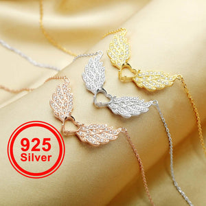 925 Silver Heart Prong Pendant, Angel Wings Necklace