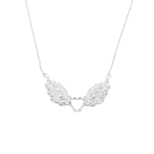 925 Silver Heart Prong Pendant, Angel Wings Necklace