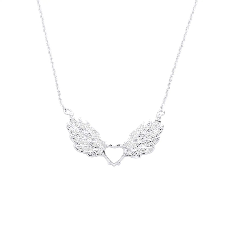 925 Silver Heart Prong Pendant, Angel Wings Necklace
