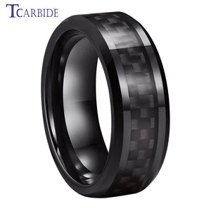 8MM Tungsten Carbide Ring Carbon Fiber Inlay Polished Beveled Classic Gift