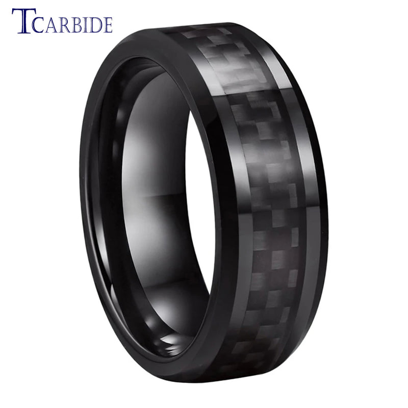 8MM Tungsten Carbide Ring Carbon Fiber Inlay Polished Beveled Classic Gift