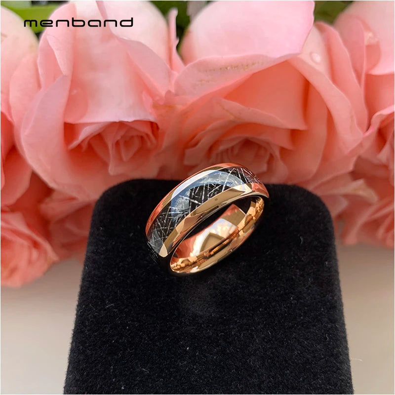 8MM Tungsten Wedding Band Rose With Meteorite Inlay Comfort Fit