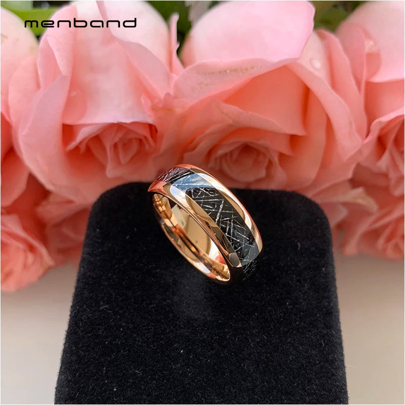 8MM Tungsten Wedding Band Rose With Meteorite Inlay Comfort Fit