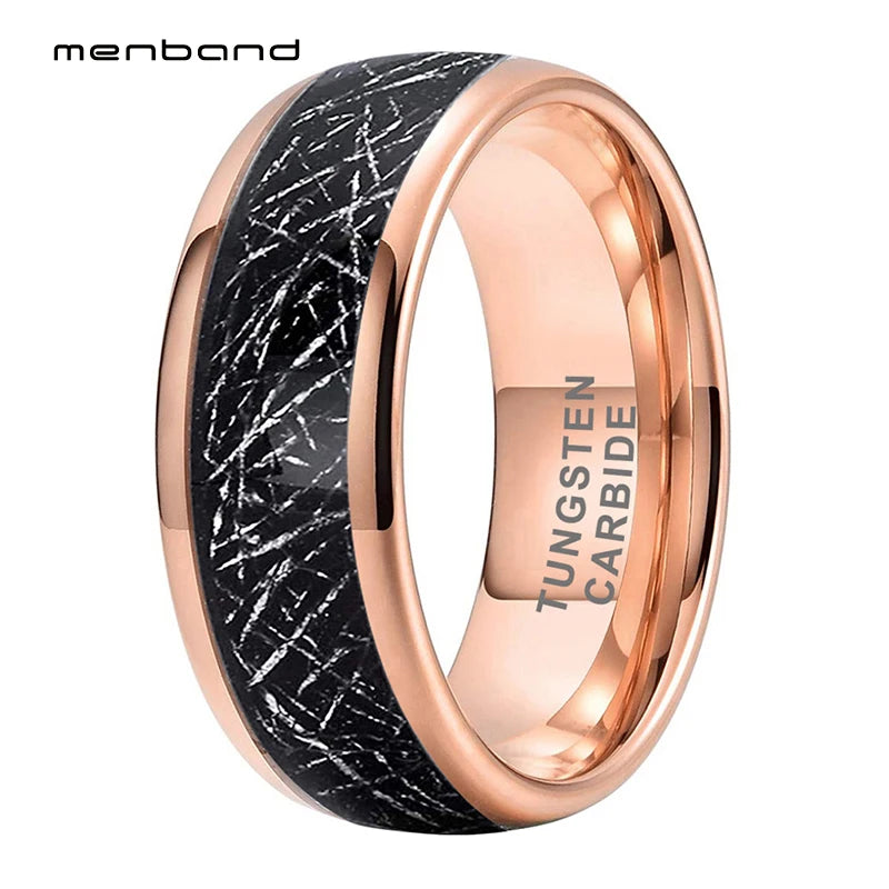 8MM Tungsten Wedding Band Rose With Meteorite Inlay Comfort Fit