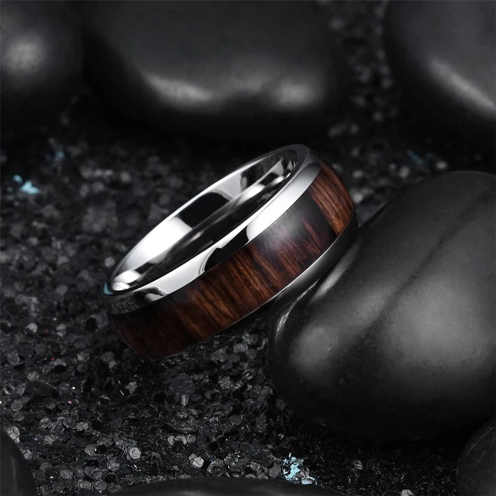 8MM Stainless Steel Ring with Hawaiian Koa Wood Inlay