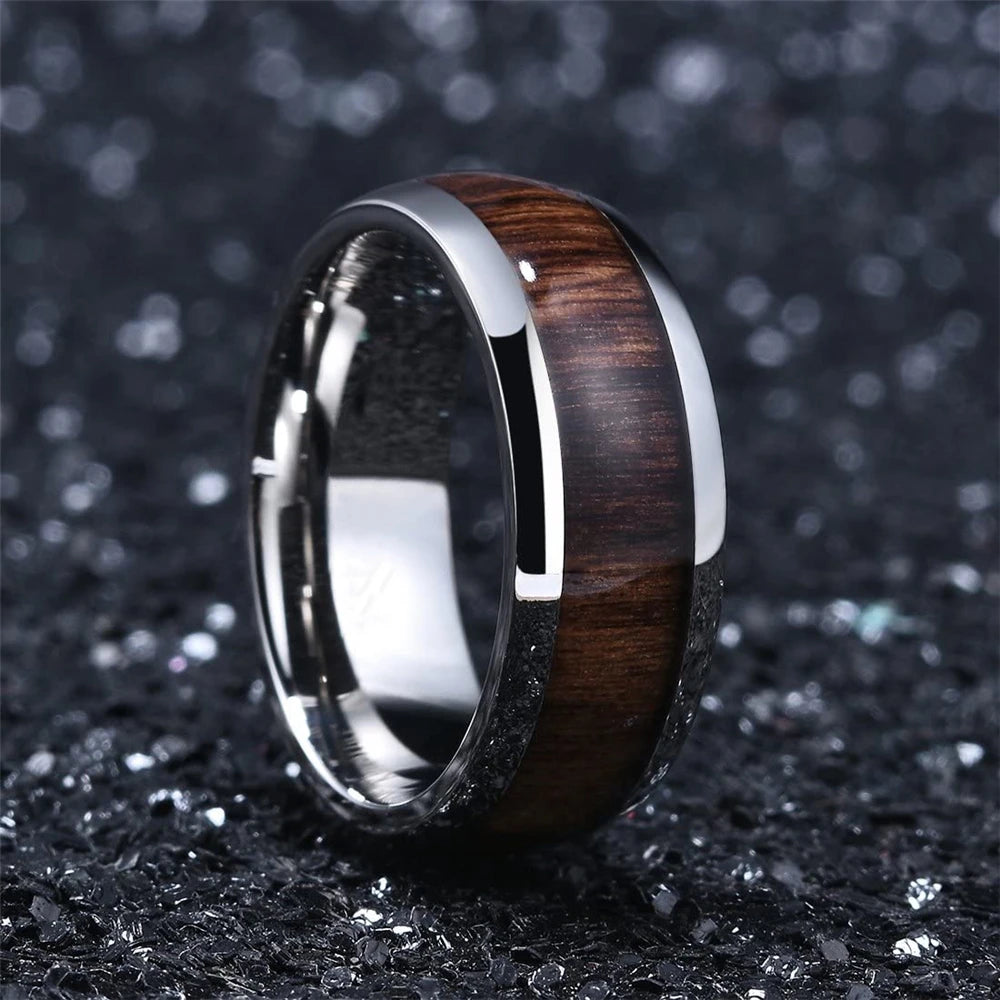 8MM Stainless Steel Ring with Hawaiian Koa Wood Inlay
