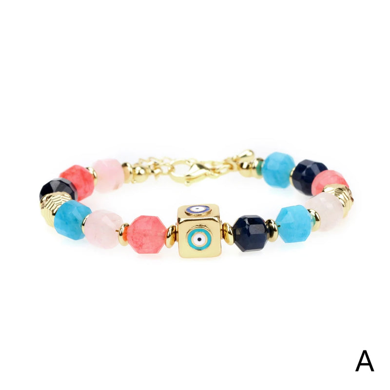 8MM Multi Semi-precious Stone Beads Bracelet with Evil Eye Pendant