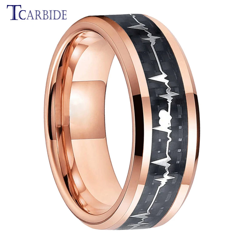 8MM Tungsten Carbide Ring Cardiogram Carbon Fiber Inlay