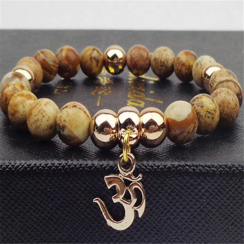8MM Picture Stone Bead Bracelet Tibet Silver Stretchy Meditation Unisex