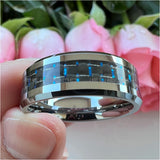 8MM Tungsten Carbide Wedding Band Black+Blue Carbon Fiber Inlay