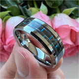 8MM Tungsten Carbide Wedding Band Black+Blue Carbon Fiber Inlay