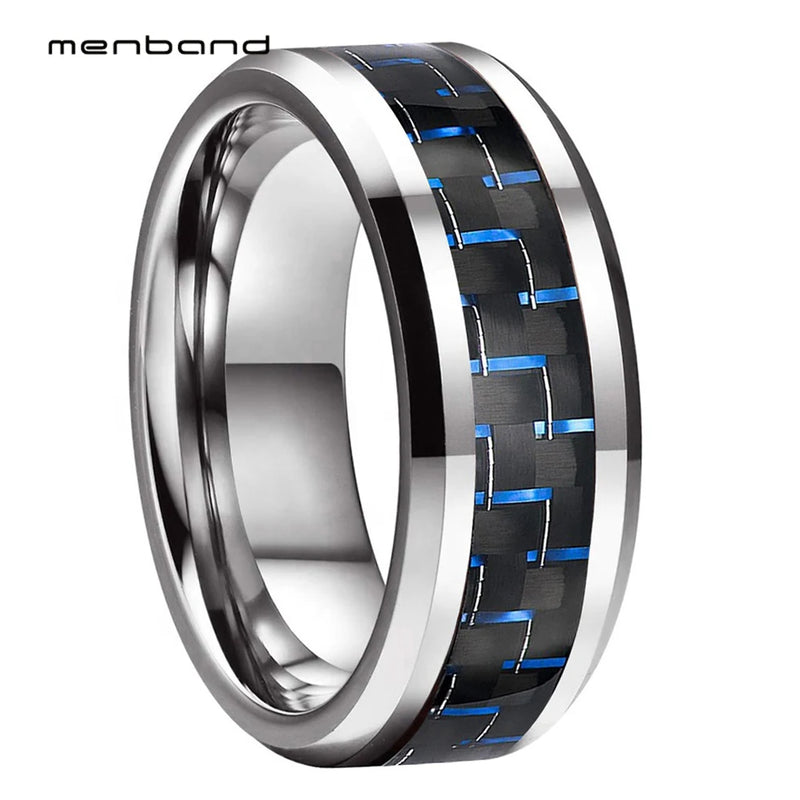8MM Tungsten Carbide Wedding Band Black+Blue Carbon Fiber Inlay