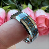 8MM Tungsten Carbide Wedding Band Black+Blue Carbon Fiber Inlay