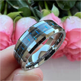 8MM Tungsten Carbide Wedding Band Black+Blue Carbon Fiber Inlay