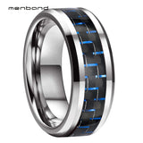 8MM Tungsten Carbide Wedding Band Black+Blue Carbon Fiber Inlay