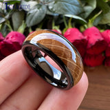 8MM Tungsten Wedding Bands Rings with Whiskey Barrel Oak Wood Inlay