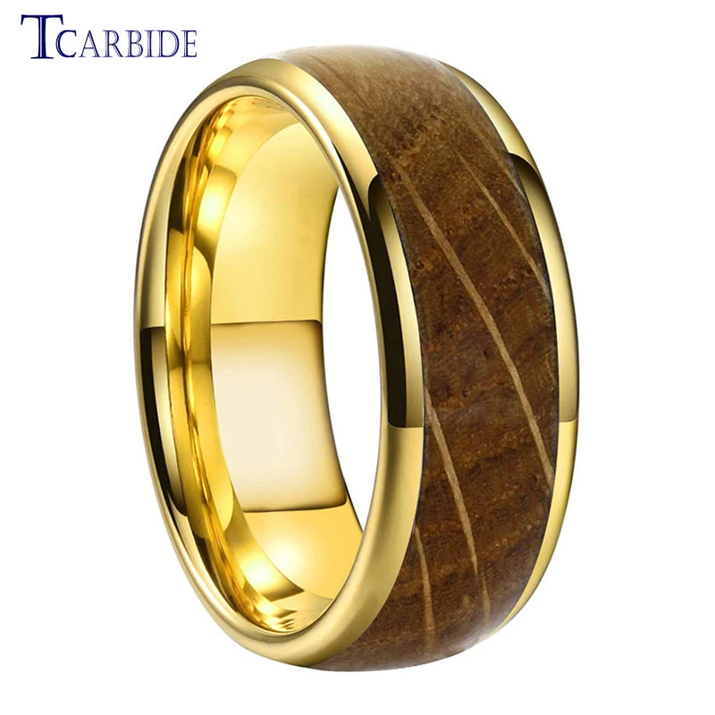 8MM Tungsten Wedding Bands Rings with Whiskey Barrel Oak Wood Inlay