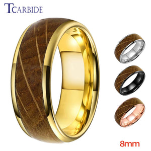 8MM Tungsten Wedding Bands Rings with Whiskey Barrel Oak Wood Inlay