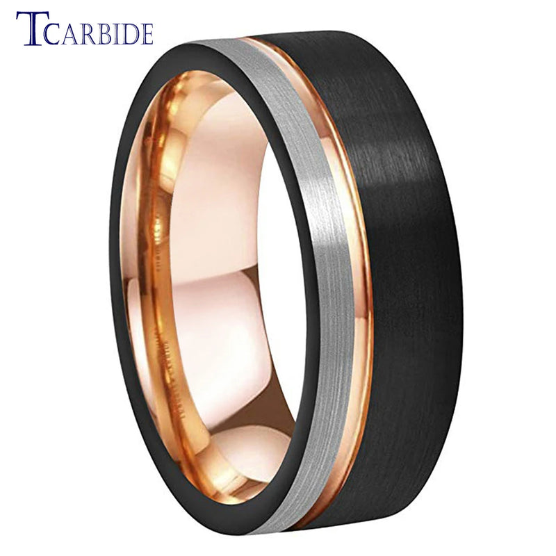 8MM Tungsten Wedding Band Offset Grooved Brushed Men Women Rings Size 5-15