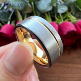 8MM Tungsten Wedding Band Offset Grooved Brushed Men Women Rings Size 5-15