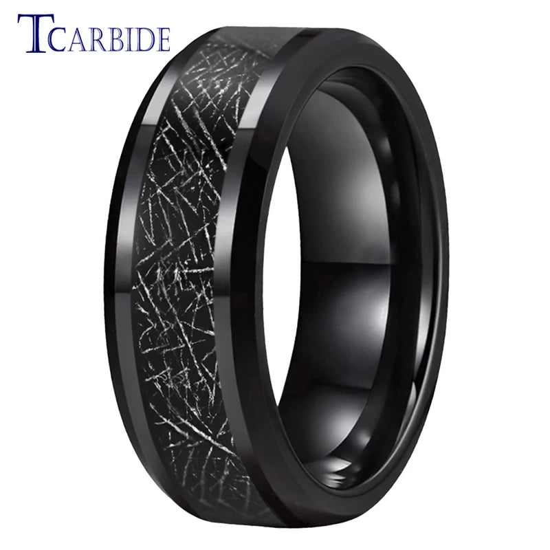 8MM Tungsten Rings Meteorite Inlay Beveled Polished