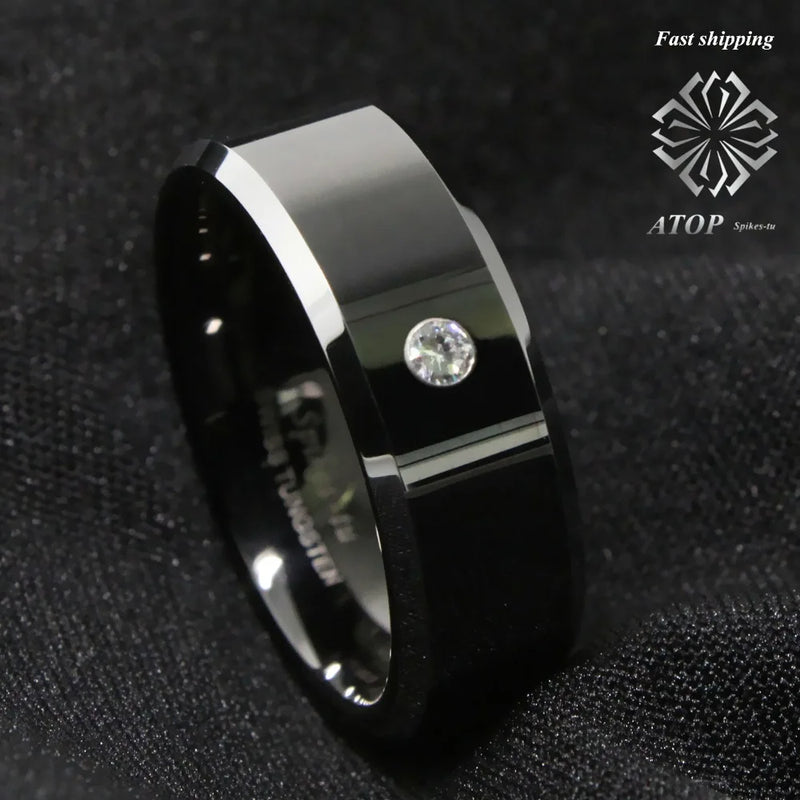 8Mm Men's Tungsten Carbide CZ Inlay Wedding Band Ring