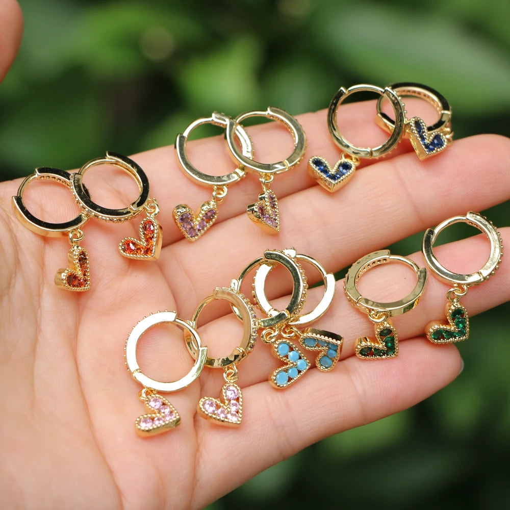 Sparkly Colorful CZ Heart Hoop Earrings For Women Gold-color Zircon Pave Jewelry